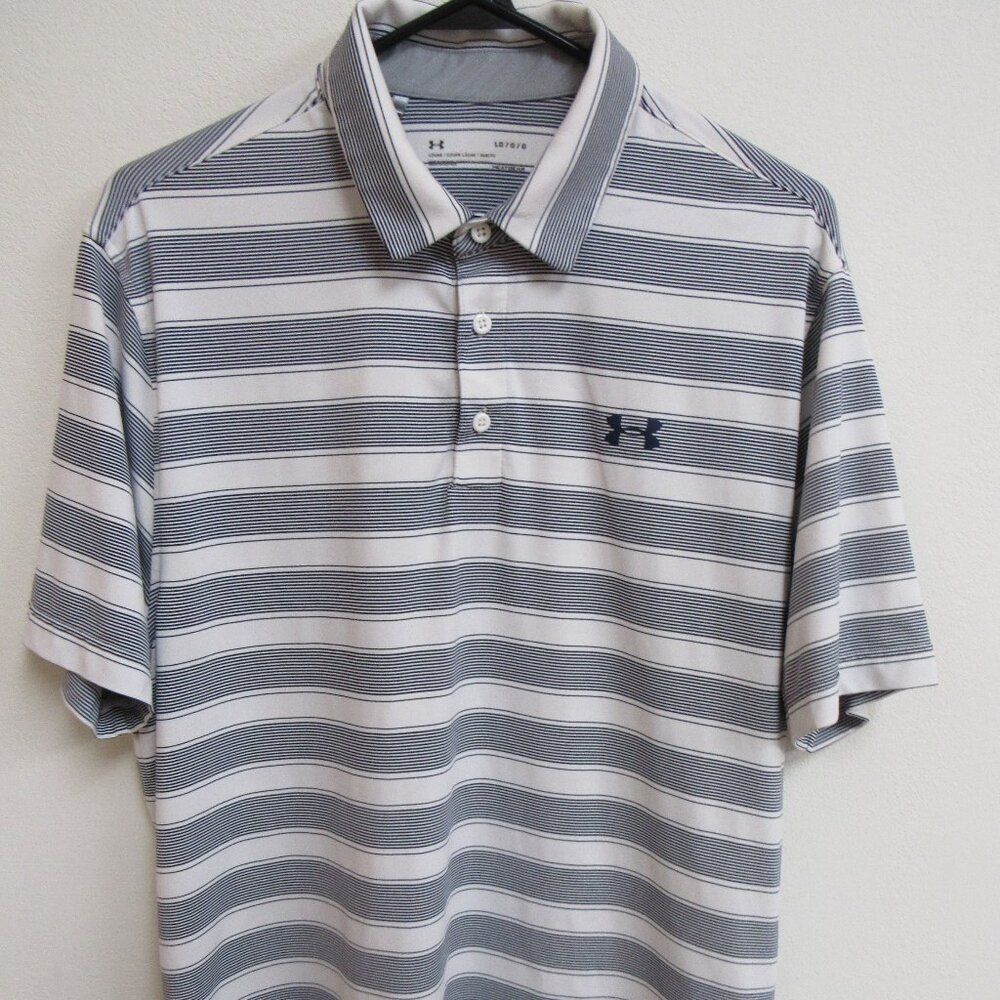 Under Armour Men's Polo Shirt White Blue Stripe Large LG HeatGear Performance‎